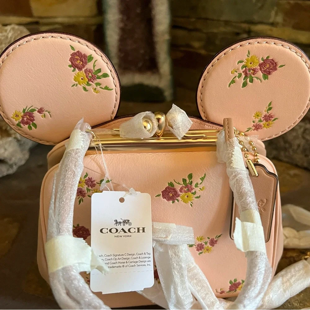 Coach x Disney Kisslock Bag with Floral Mix Print. Minnie Mouse Ears F29351 New - Picture 6 of 13